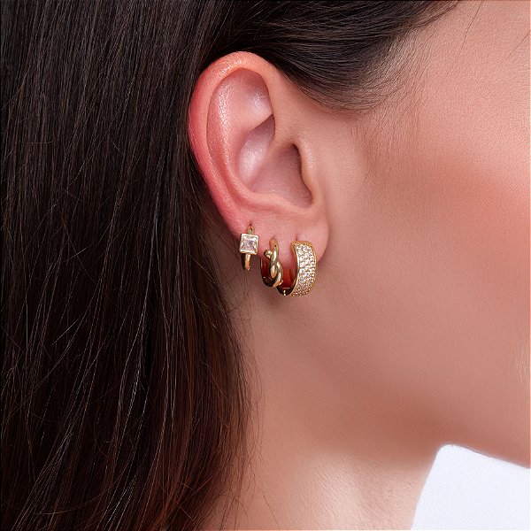 Brinco Argolas Trio Cravejada Carre e Lisa Banho de Ouro 18K