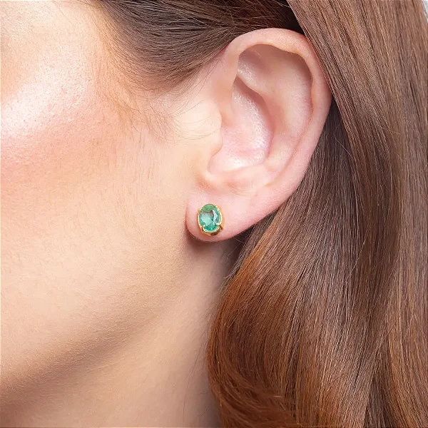 Brinco Pedra Oval Turmalina Banho de Ouro 18K