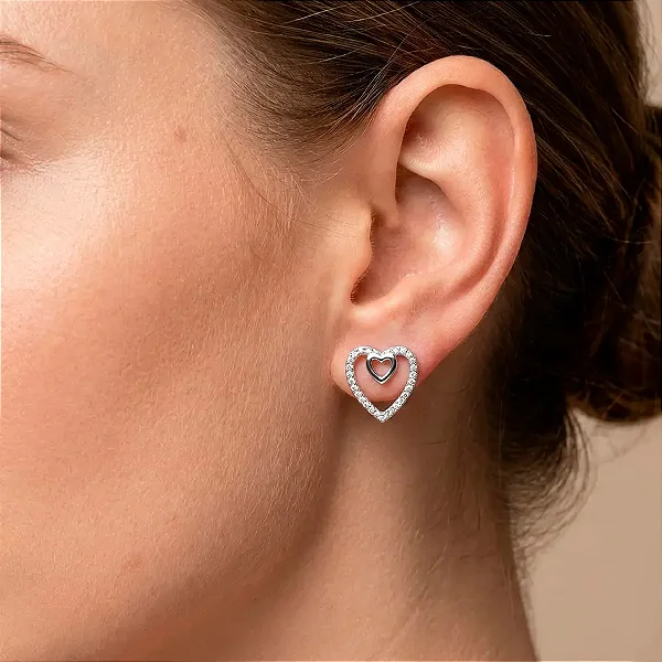 Brinco Coração Cravejado e Liso Banho de Ródio