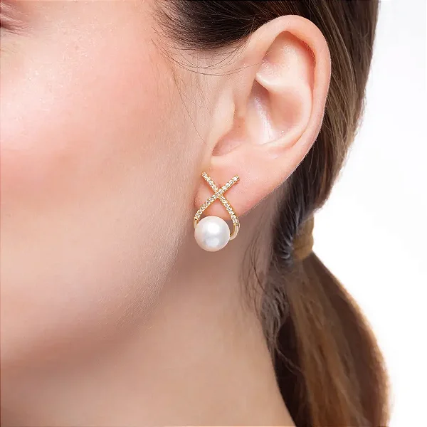 Brinco X Cravejado com Pérola Banho de Ouro 18K