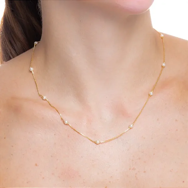 Colar Veneziana e Mini Pérolas Banho de Ouro 18K
