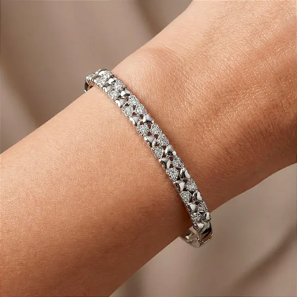Pulseira Bracelete Mini Coração Cravejado Banho de Ródio