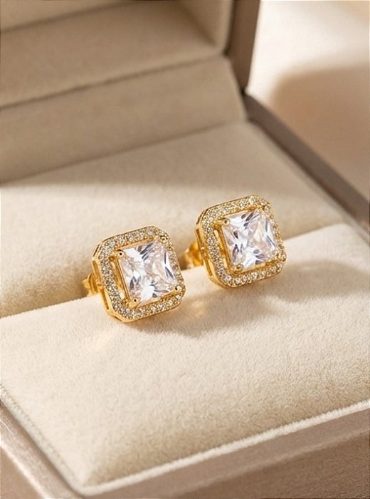 Brinco Quadrado Cravejado M Banho de Ouro 18K