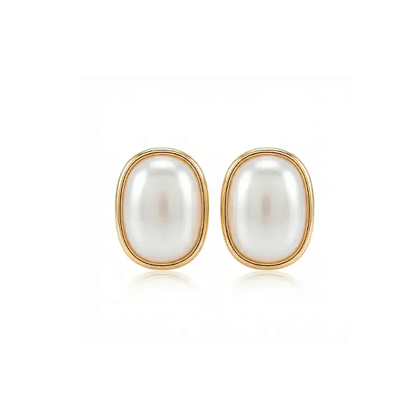 Brinco Botão Retangular Pérola Banho de Ouro 18K