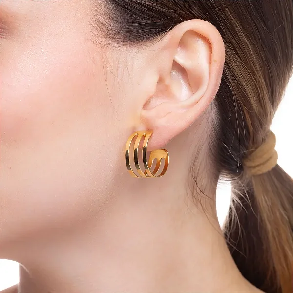 Brinco Argola Três Fileiras M Liso Banho de Ouro 18K