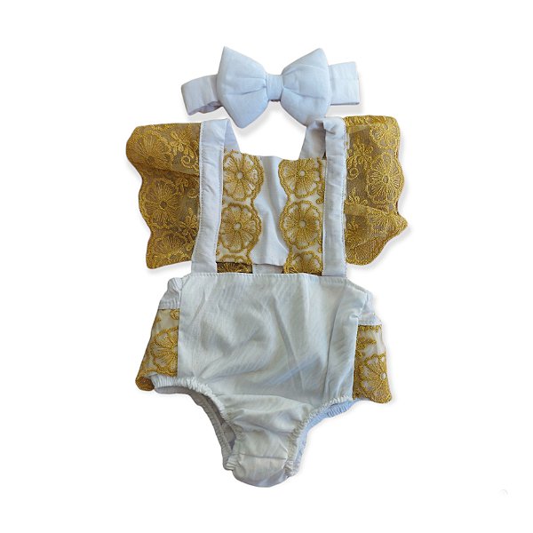 Romper Luxo Rendado Branco e Dourado