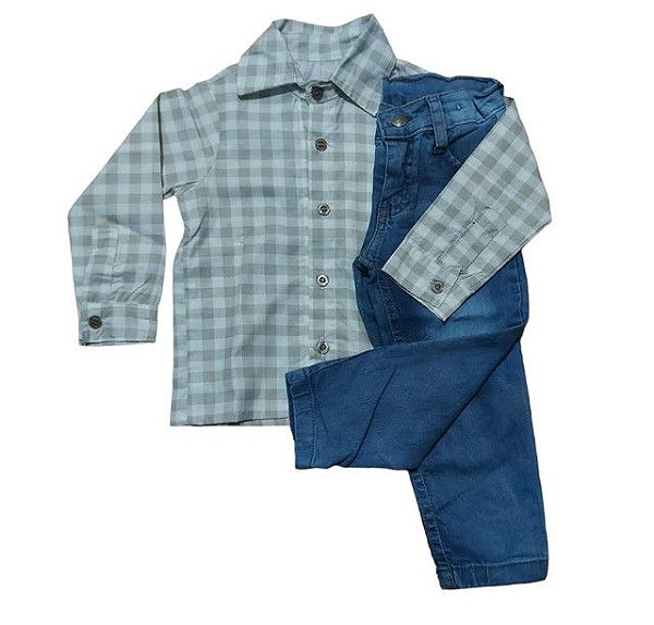 Conjunto infantil com calça jeans e camisa xadrez SK