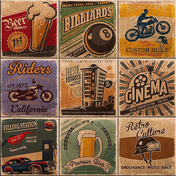 AZULEJOS DECORATIVOS VINTAGE BILHAR KIT 9 PEÇAS 15X15