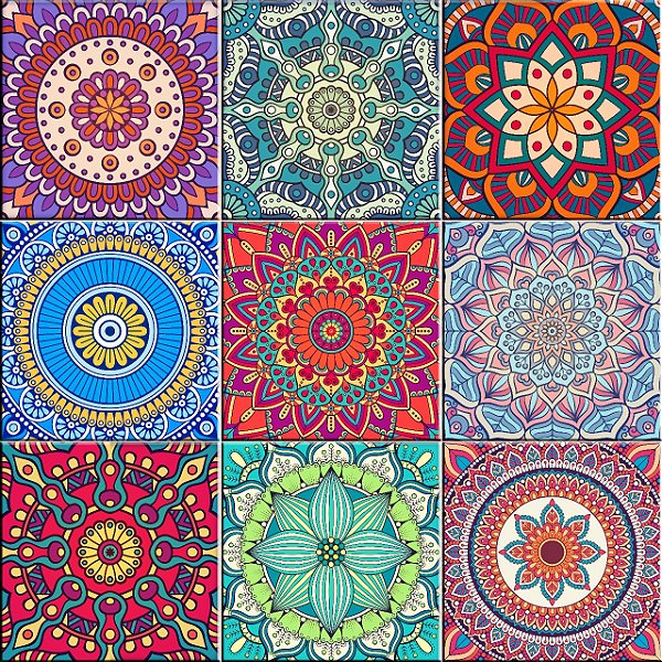AZULEJOS DECORATIVOS MANDALA BOAS VIBRAÇÕES COM VERNIZ FOSCO KIT 9 PEÇAS 15X15 CM