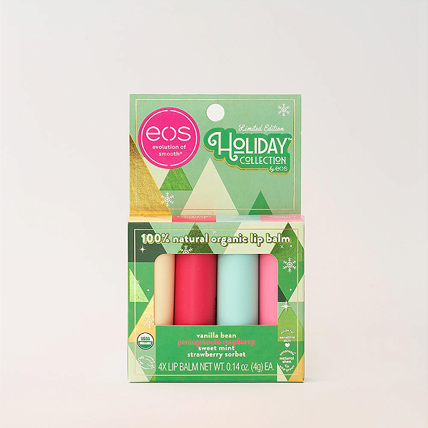 Kit de Balms Labiais EOS Holiday Collection Vanilla Bean, Pomegranate Raspberry, Sweet Mint and Strawberry Sobert | EDIÇÃO LIMITADA