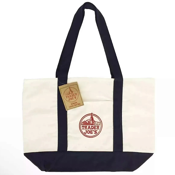 Sacola Reutilizável Trader Joe's Large Tote Shopping Bag Cotton Canvas Embroidered Bag | Cor: Azul-marinho