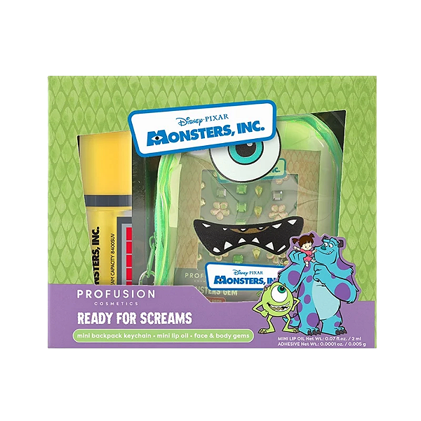 Kit Chaveiro, Óleo Labial e Strass Profusion Cosmetics Monsters Inc Mini Backpack | Ready For Screams