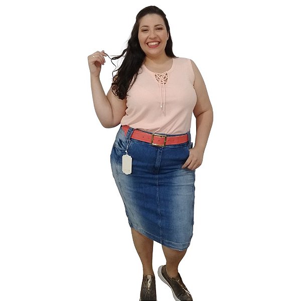 Saia jeans plus size tradicional e justa Laura Rosa - Alta Estação:  multimarcas roupas do infantil ao adulto