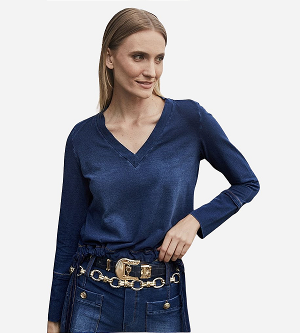 Blusa jeans manga longa com amarração na barra