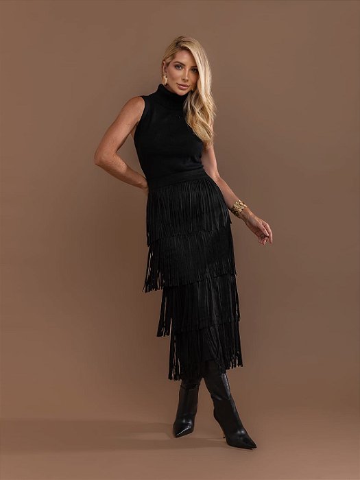 Saia Midi Suede Franjas
