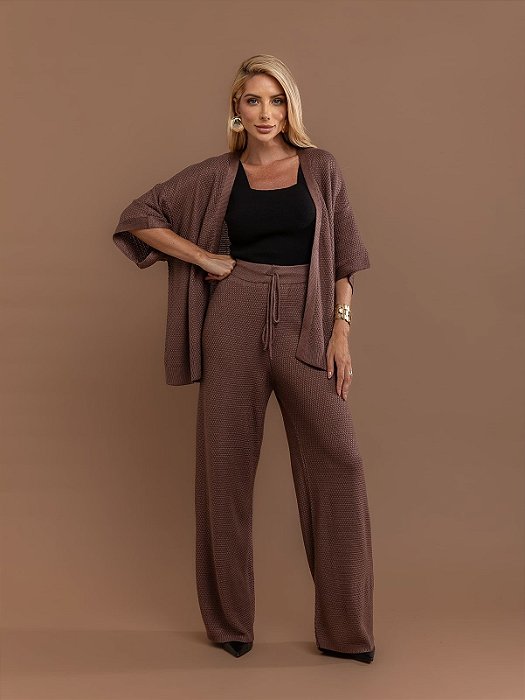 Conjunto de Tricot Dual Cardigan e Calça Pantalona