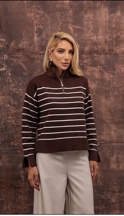 Blusa de Tricô Listrada com Zíper