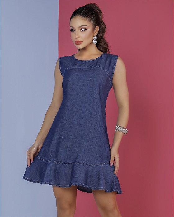 Vestido Curto em Jeans com Babado