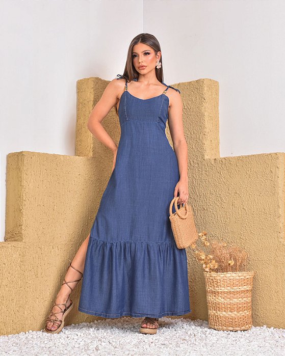 Vestido Jeans Longo de Alça e fenda na lateral