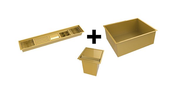 Kit Escorredor Embutido 1114 + Cuba + Lixeira 3,9l Dourado