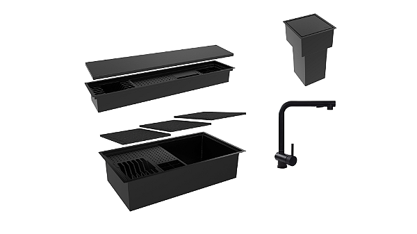 Kit Cuba Com Calha Úmida Integrada 75x40cm C/ Tampas + Calha 90cm + Lixeira 5l + Torneira Preta