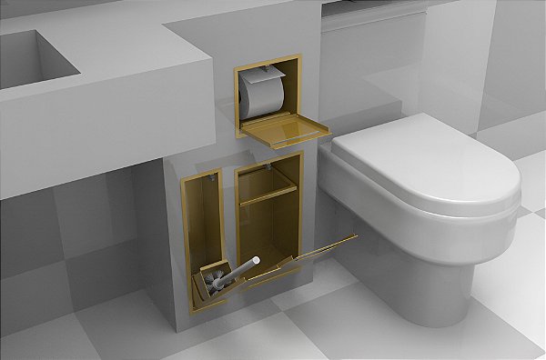 Kit Banheiro Embutido Dourado – Lixeira 5,5L + Porta Escova Sanitária + Suporte Papel Higiênico