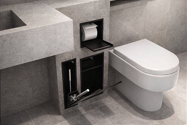 Kit Banheiro Embutido Preto– Lixeira 5,5L + Porta Escova Sanitária + Suporte Papel Higiênico