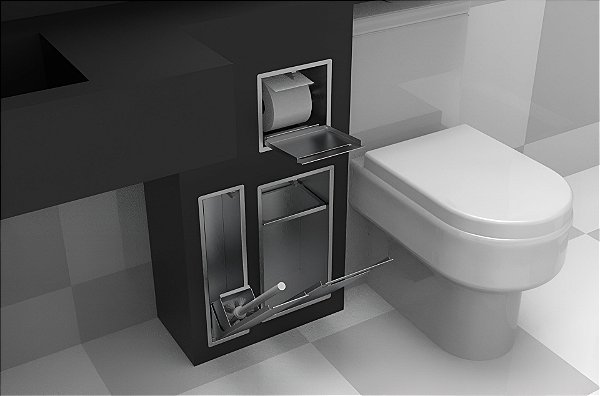Kit Banheiro Embutido Inox– Lixeira 5,5L + Porta Escova Sanitária + Suporte Papel Higiênico