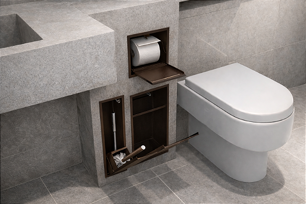 Kit Banheiro Embutido Marrom – Lixeira 5,5L + Porta Escova Sanitária + Suporte Papel Higiênico