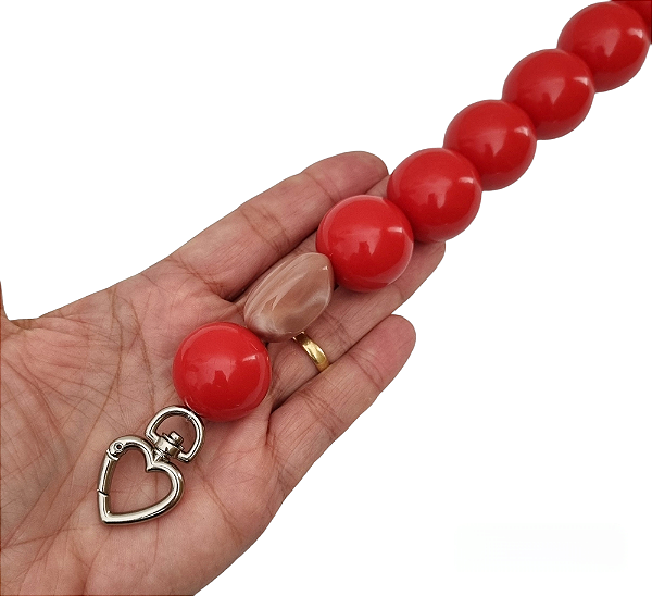 ALÇA P/ BOLSA BOLA DE ACRÍLICO VERMELHA C/ ARGOLA CORAÇÃO 42 CM