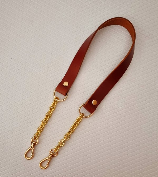 ALÇA MISTA COURO CARAMELO E CORRENTE C/ 60 CM