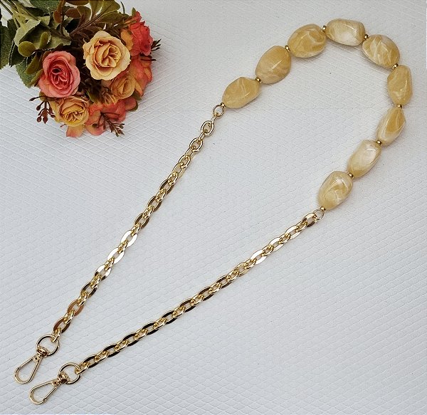 ALÇA DREA PARIS DE RESINA BEGE E CORRENTE C/ 91 CM