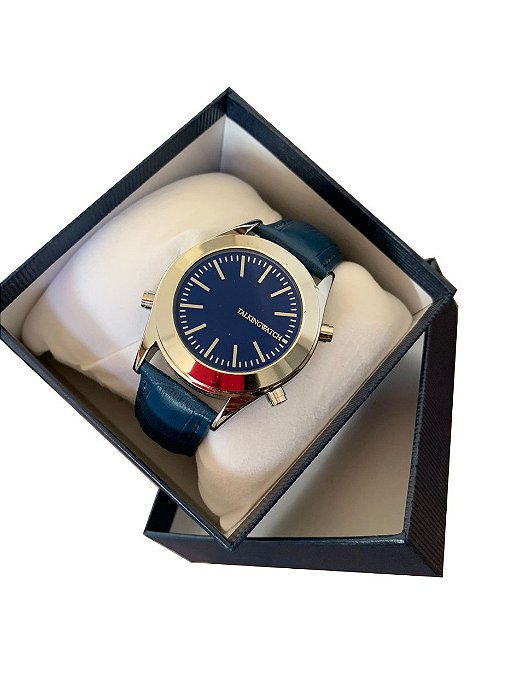 RELÓGIO COM VOZ PORTUGUÊS PULSEIRA DE COURO AZUL CAIXA REDONDA INOX