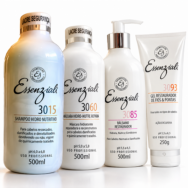Kit Hidratação Capilar Profunda Essenziali: Shampoo, Bálsamo, Máscara e Gel