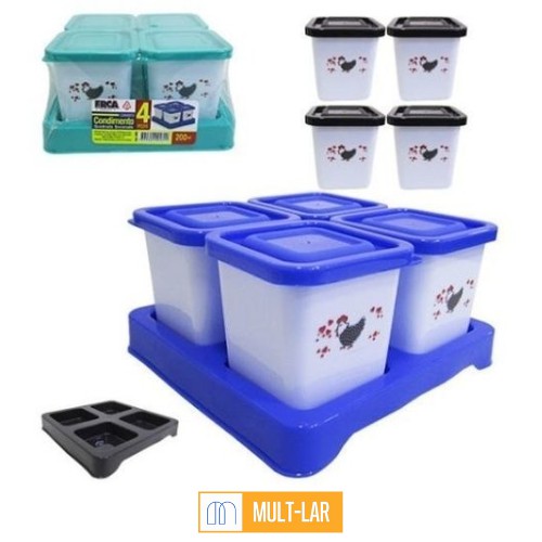 POTES PARA CONDIMENTO QUADRADO DECORADO 200ML CONJUNTO COM 4 PEÇAS 2489