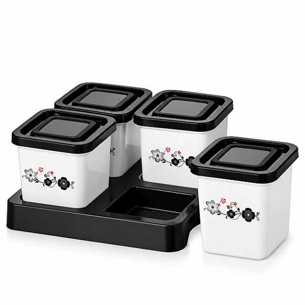 POTES PARA CONDIMENTO QUADRADO DECORADO 200ML CONJUNTO COM 4 PEÇAS 2489