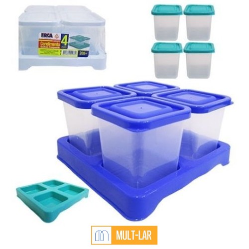 POTES PARA CONDIMENTO QUADRADO TRANSPARENTE 200 ML CONJUNTO COM 4 PEÇAS 2488