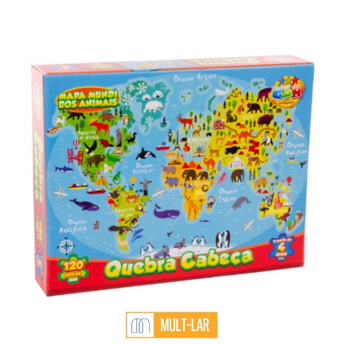 JOGO QUEBRA CABEÇA 120 PEÇAS MAPA MUNDI DOS ANIMAIS 1012