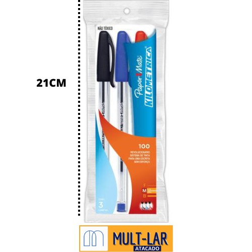 CANETA PAPERMATE KM100 MEDIA AZUL PRETA VERMELHA POUCH COM 3 UNIDADES