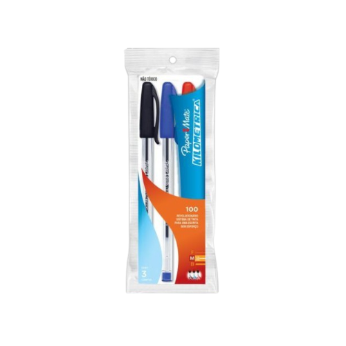 CANETA PAPERMATE KM100 MEDIA AZUL PRETA VERMELHA POUCH COM 3 UNIDADES