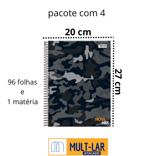 CADERNO ESPIRAL 1 MAT. 96 FLS PCT C/ 4 NOVA MIX