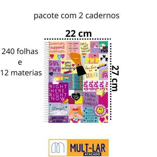 CADERNO ESPIRAL FEM. 12 MAT. 240 FLS PCT C/ 2 POWER GIRLS