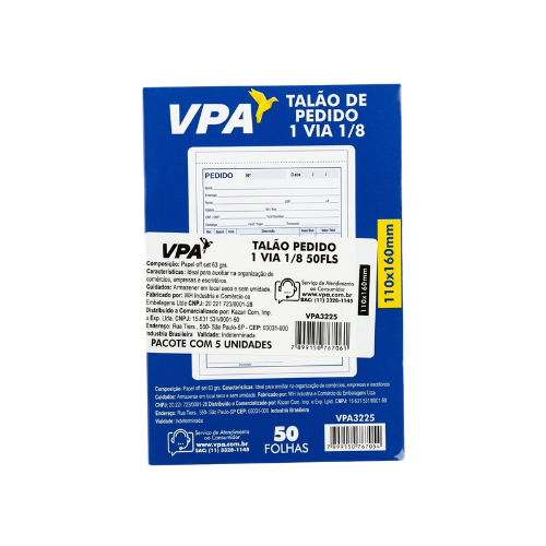 TALAO DE PEDIDO 1 VIA 1/8 50FLS PT C/5 KZ3025