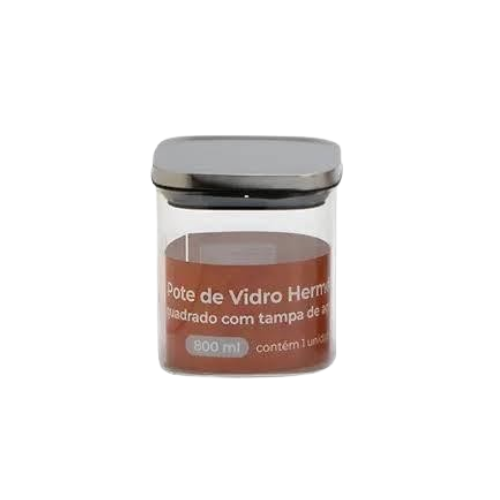 POTE VIDRO QUADRADO HERMICO TAMPA INOX 800ML