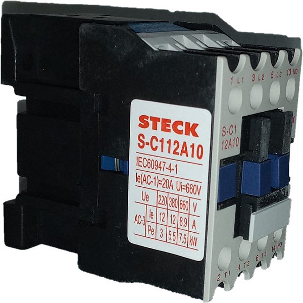 STECK SC112A10M – Contator de Potência  3P, 12A, Bobina 220V 50/60Hz