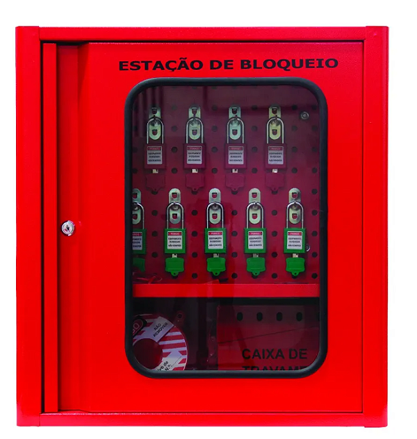 TAGOUT EBAAG – Estação de Bloqueio Vermelha em Aço Grande Com 30 Ganchos | Com Visor Transparente