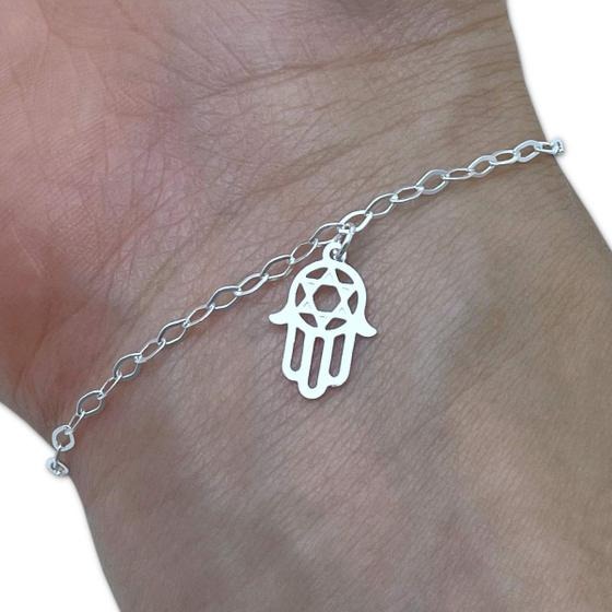 Pulseira Mão de Fátima ou Mão Hamsá Com Estrela De Davi - Prata 925
