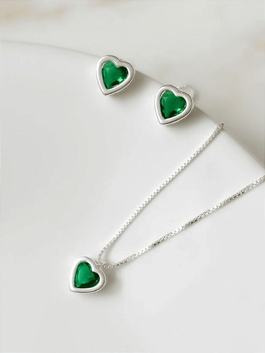 Conjunto Coração Zircônia Verde Esmeralda - Prata 925 - 45cm - V12 - MC135-27144