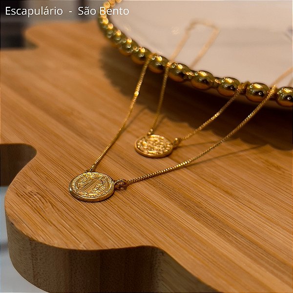 Escapulário Unissex Medalha de São Bento Dupla Face Semijóia 18k
