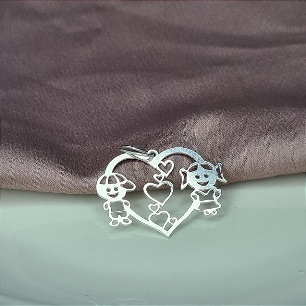 Pingente Casal Filhos (Menina/Menino) Coração - Prata 925 - MPI128-10102